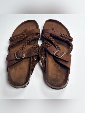 White Mountain Brown Braided Leather Slide Sandals